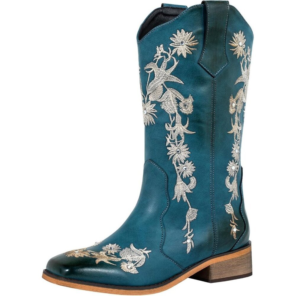 ⚡Women's Blue Floral Rhinestones Square Toe Cowboy Boots Western Wide Calf - Picture 6 of 8